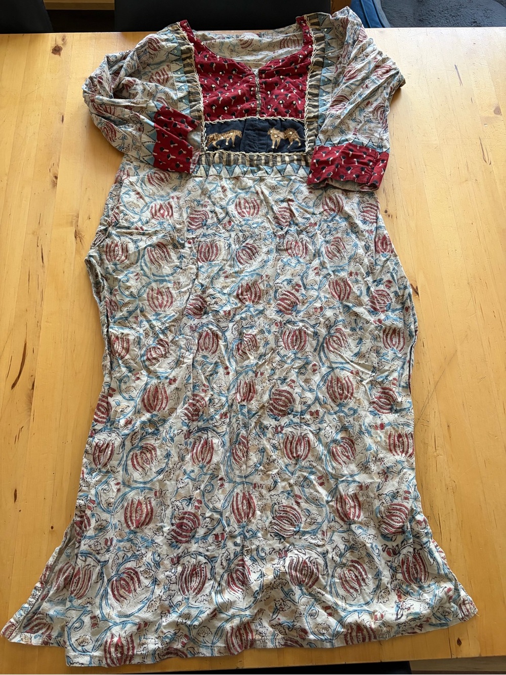 Women’s ethnic Floral Patchwork Dress in Ivory and Red